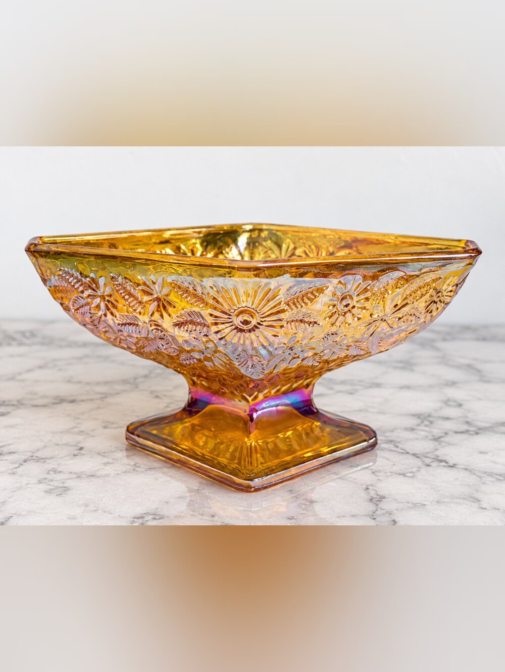 Vintage Indiana Glass Pineapple Floral Amber Carnival Glass Pedestal Compote